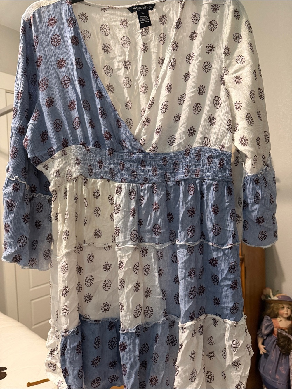 Millennium Blue and White Floral Tiered Smocked Waist Tunic